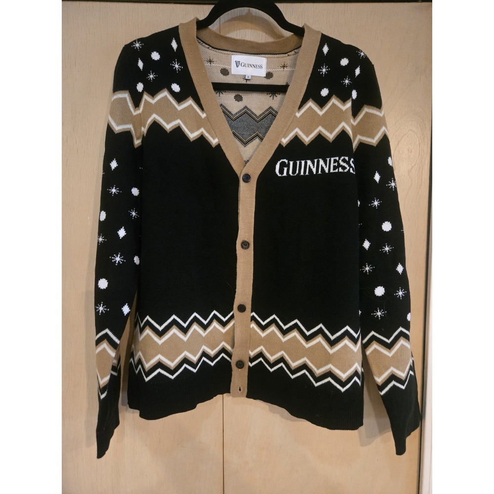 Guinness Christmas Cardigan Sweater‎ Womens S Black Tan Beer Holiday Button Up